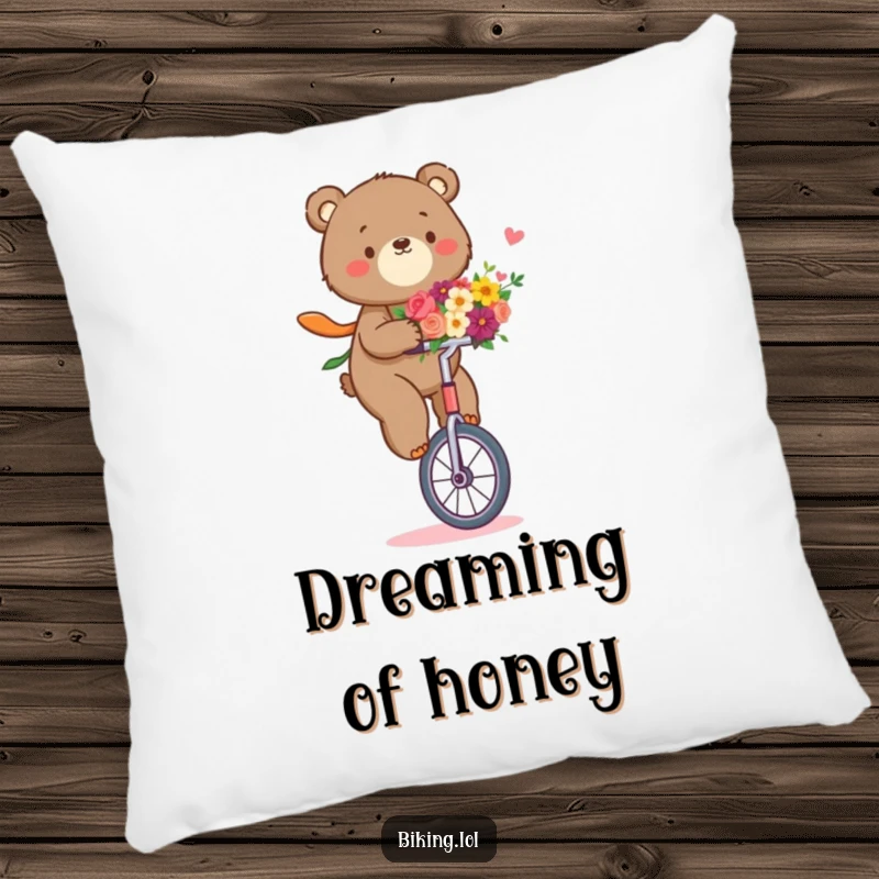 Funny bear pillow featuring a determined bear riding a unicycle, holding a bouquet of flowers, soft and decorative.