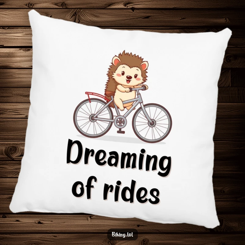 Funny pillow showcasing a happy hedgehog pedaling a tiny bicycle with oversized wheels, offering soft comfort and whimsical adventure.