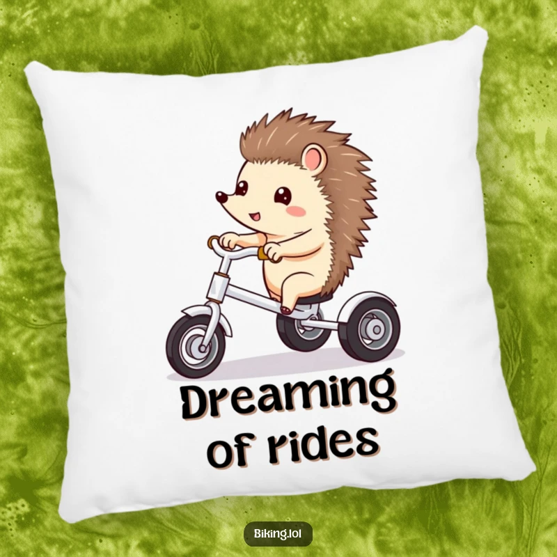 Funny pillow featuring a curious hedgehog excitedly pointing forward while riding a tricycle.