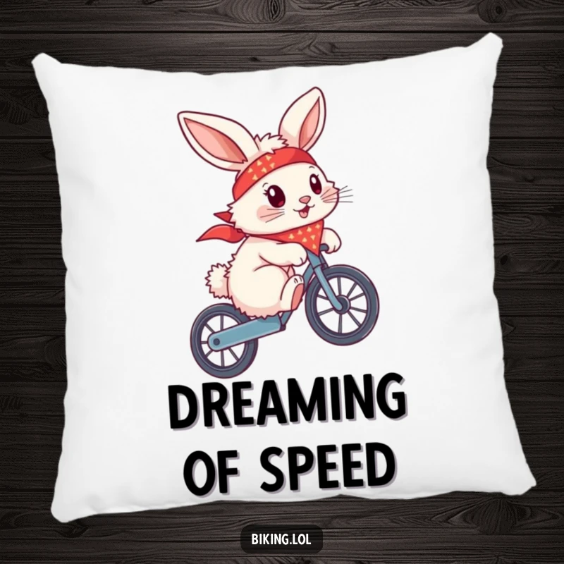 Funny bunny wearing a bandana, doing a wheelie on a bike, featured on a soft pillow, bringing cool vibes.