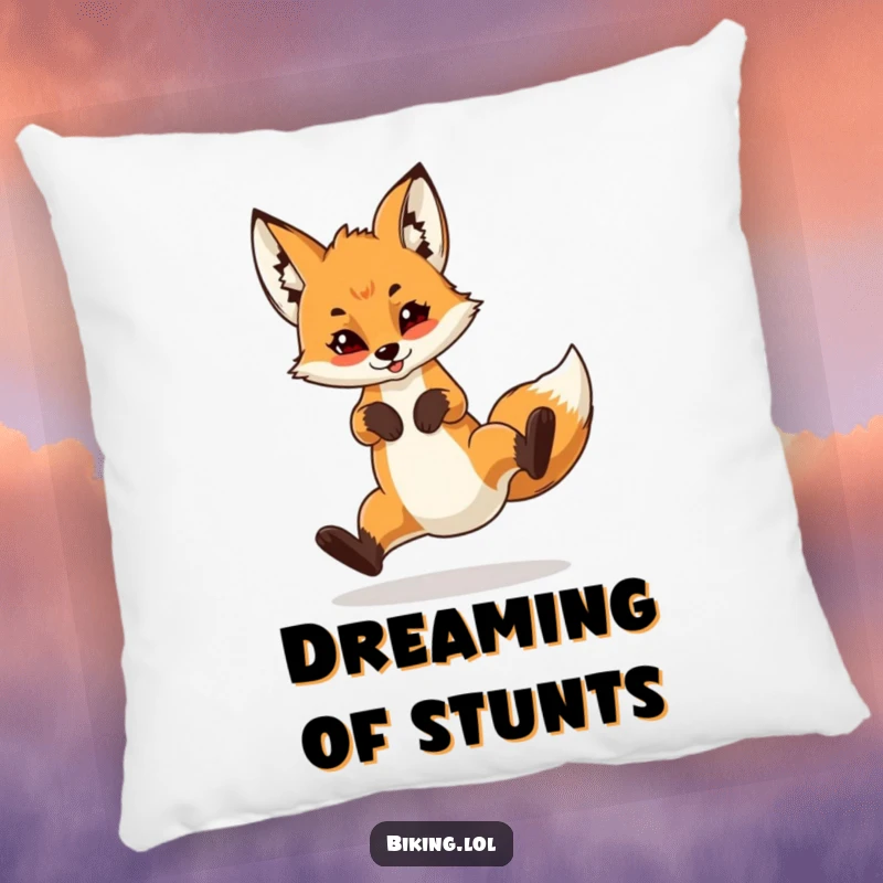 Funny pillow featuring a confident fox cub performing a wheelie on a bicycle, offering humorous and adventurous comfort.
