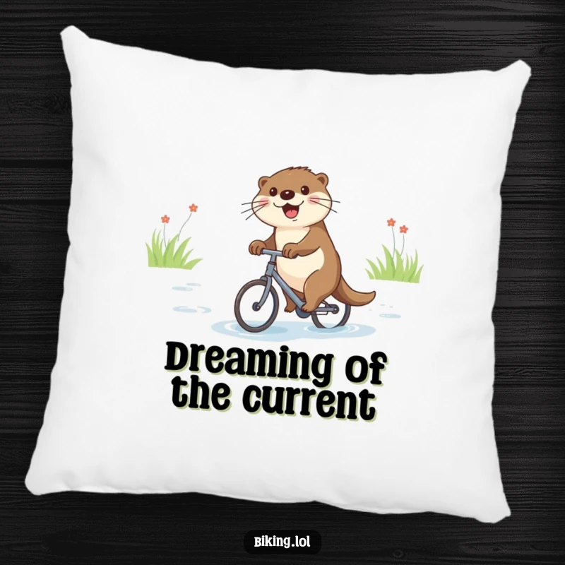 Funny pillow featuring a joyful otter riding a small bicycle down a river, soft and cheerful.