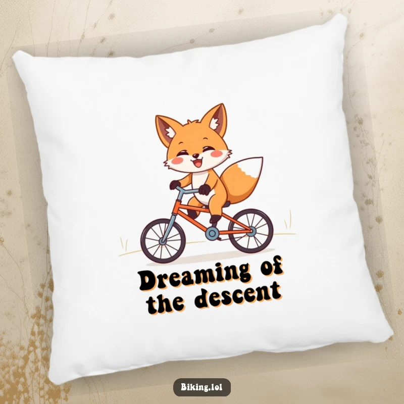 Funny fox pillow, showing the character joyfully riding a tiny bicycle downhill with paws outstretched in excitement.