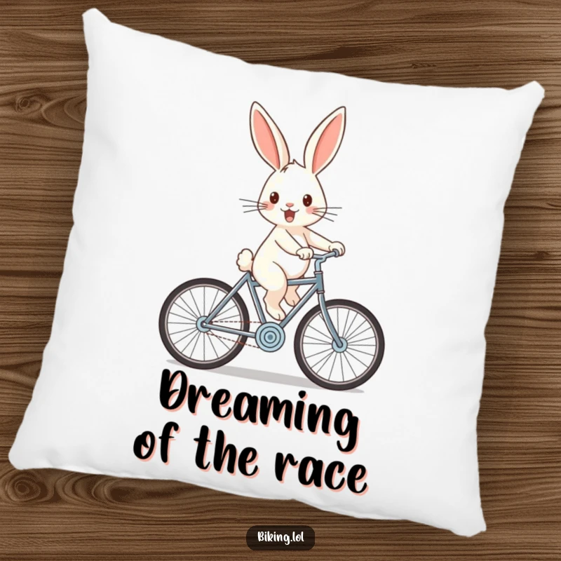 Funny rabbit pillow featuring a cheerful rabbit zooming downhill on a bicycle with wind-swept ears, soft and decorative.