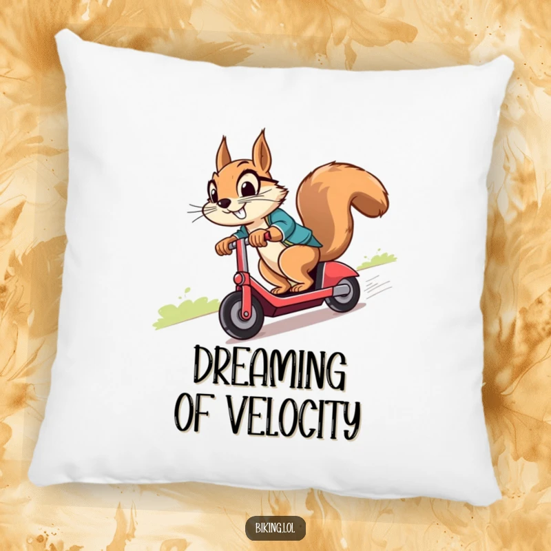 Funny squirrel with a mischievous cheeky grin, riding a scooter downhill, providing cozy humorous decor on a pillow.