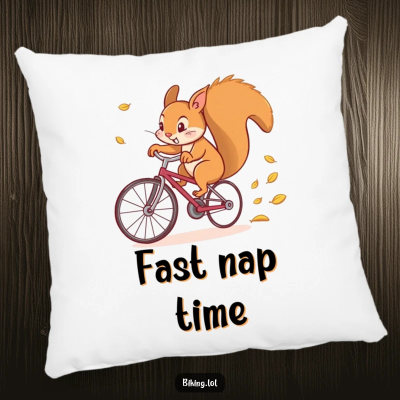 Funny pillow illustration of a determined squirrel comically riding a bicycle very fast, a trail of leaves artfully depicted.