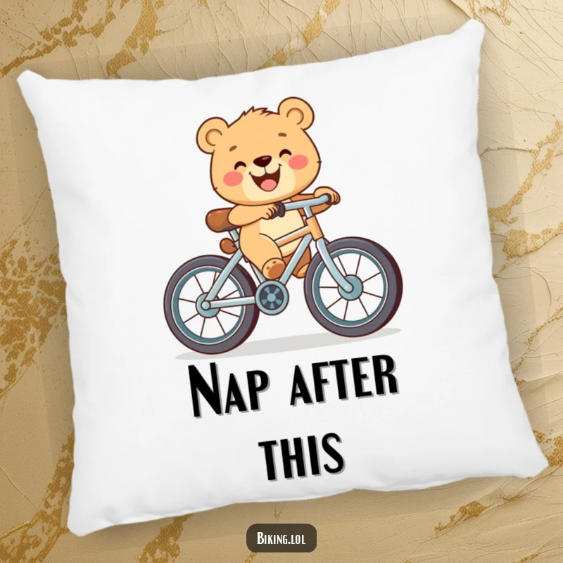 Funny pillow showcasing a happy bear cub with a broad grin, pedaling a bicycle with impressively large wheels.