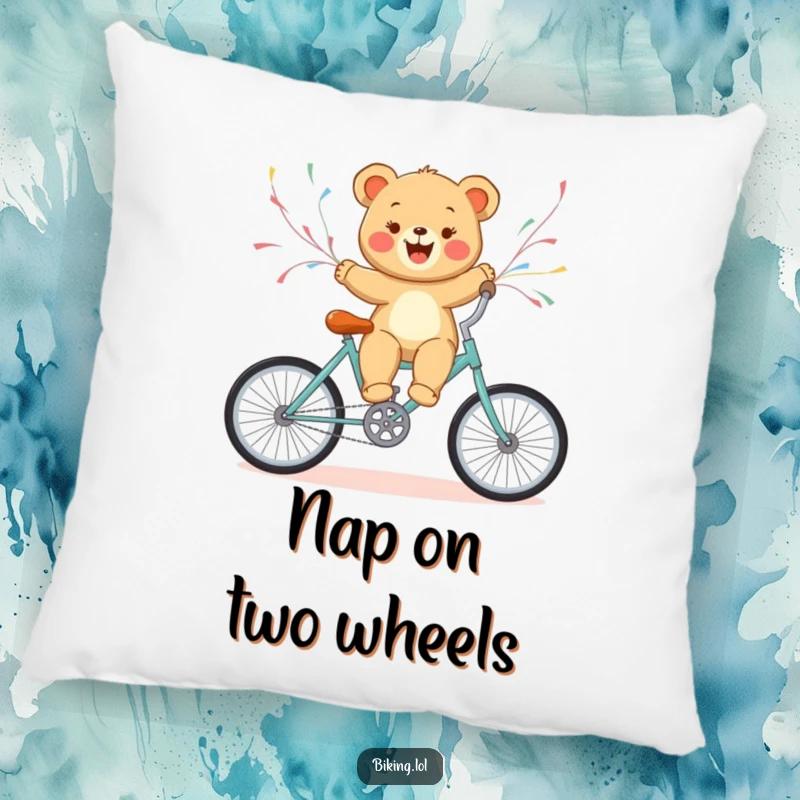 Funny bear cub enjoying a bicycle ride with streamers, a soft and decorative pillow for adding cheer.