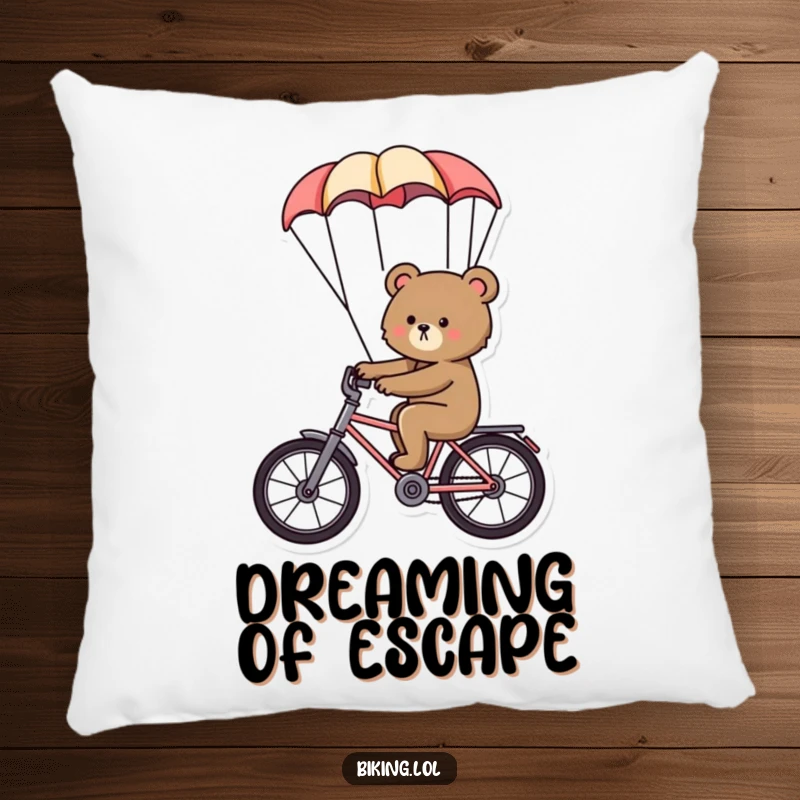 Funny bear pillow, a determined bear riding a bike with a parachute, soft, comfortable, and humorous cushion.