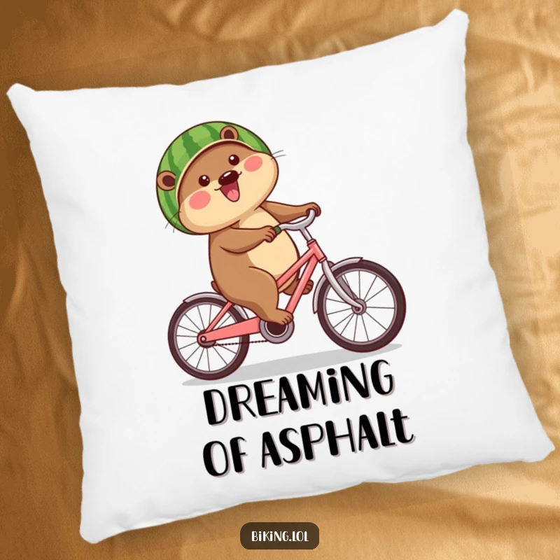 Funny beaver pillow featuring a happy beaver on a bike wearing a watermelon helmet, a cute and humorous accent piece.