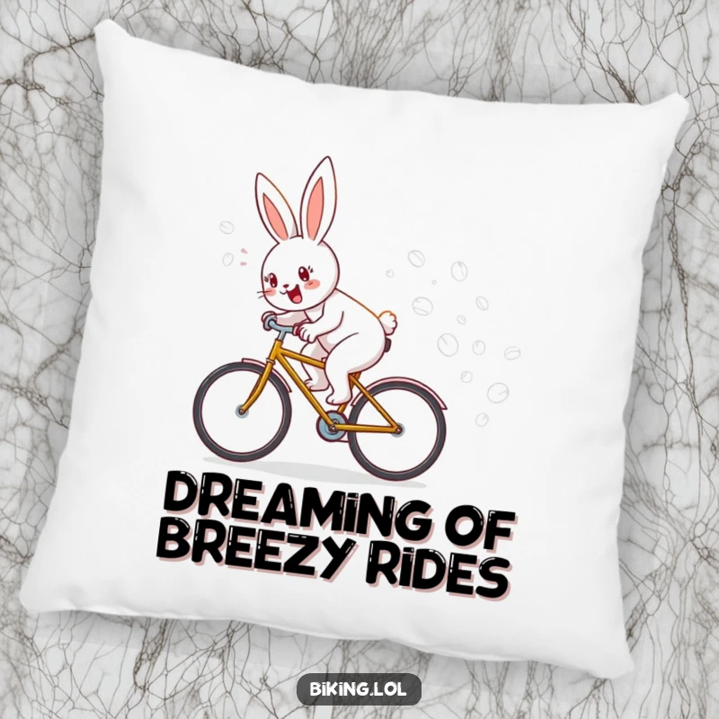 Funny pillow featuring a cheerful bunny on a bicycle, a whimsical trail of bubbles floating around, a soft funny gift.