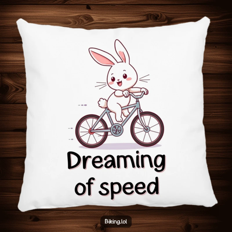 Funny pillow with a joyous bunny zipping downhill on a miniature bicycle, ears trailing in the wind, radiating pure fun.