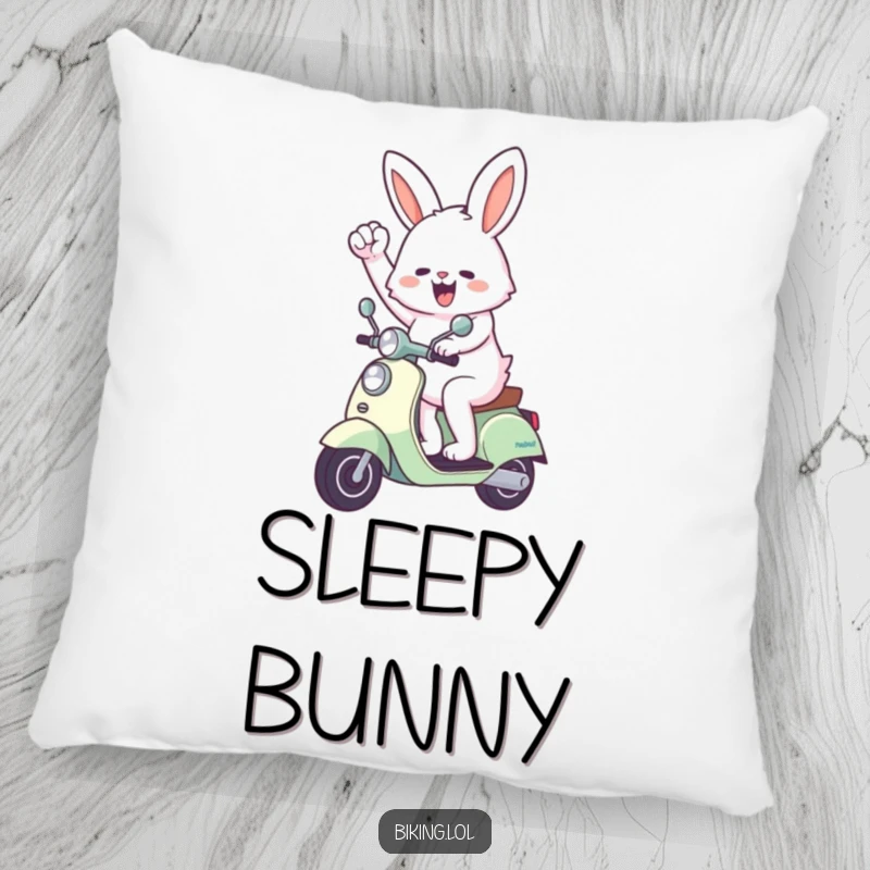 Funny bunny pillow featuring an enthusiastic bunny riding a scooter and pumping its fist, providing comfort and a motivational touch.