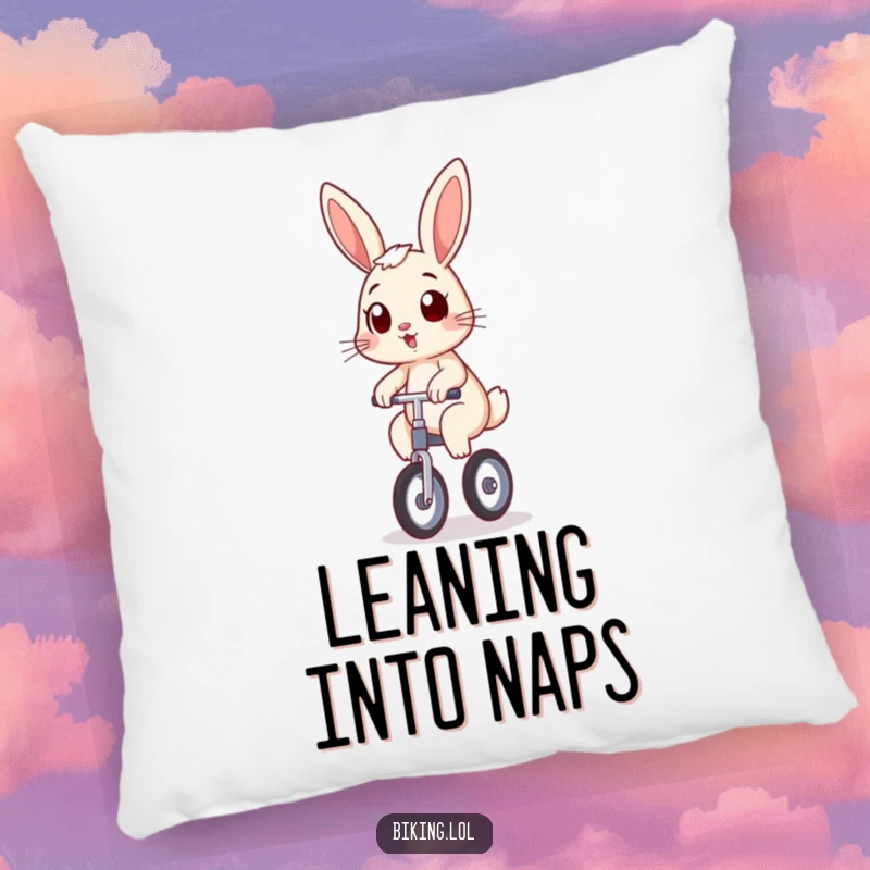 Funny bunny pillow featuring a bunny on a unicycle, wobbling with a determined grin, bringing plush comfort and humor, a wonderful funny gift.