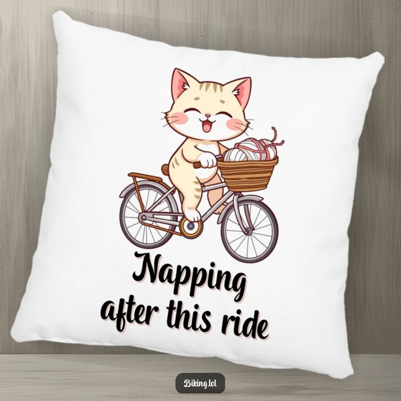 Funny giggling cat riding a bicycle with a basket full of yarn, featured on this soft and humorous pillow.