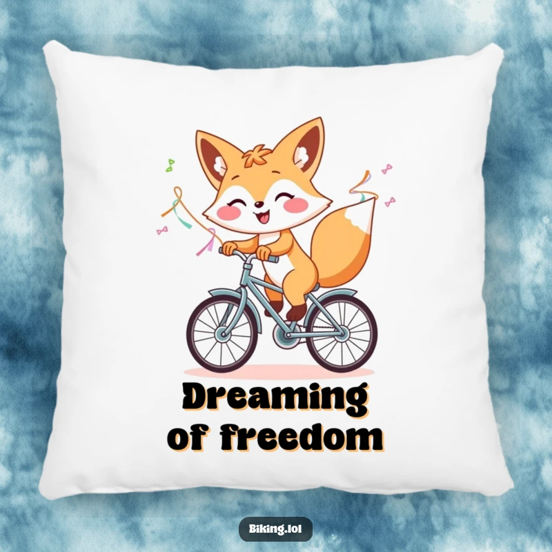 Funny pillow with a cheerful fox riding a bicycle with streamers, offering a humorous and comfortable decorative element.