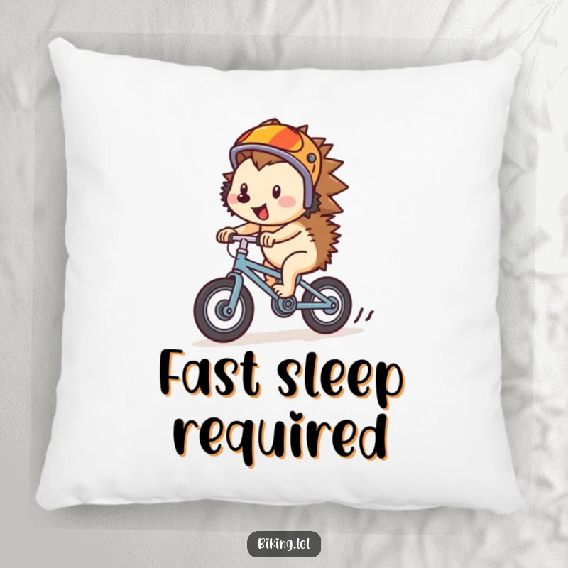 Funny hedgehog on a tiny bike, wearing a helmet, featured on a soft pillow, adding humor to decor.
