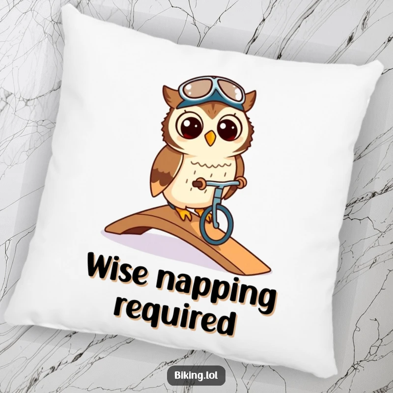 Funny owl wearing a cycling cap, elegantly navigating a ramp, featured on a soft pillow, bringing stylish vibes.