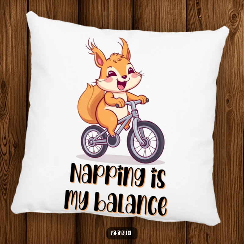 Funny squirrel pillow, cheerful squirrel with windblown fur pedaling a unicycle with a big smile, for comfort.