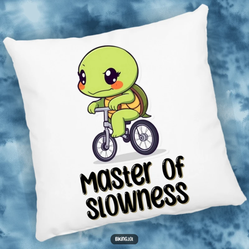 A soft pillow featuring a funny determined turtle slowly riding a unicycle, adding gentle humor and motivation.