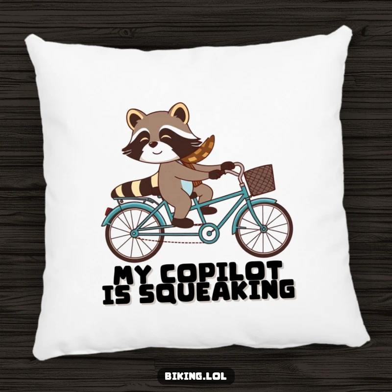 Funny raccoon duo on a tandem bicycle, a comical and comforting pillow perfect for adding humor to any room.