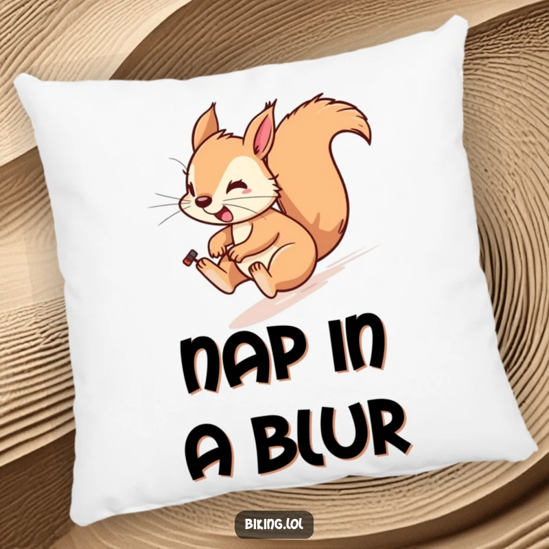 Funny pillow featuring a playful squirrel zipping downhill on a bike, wind-swept, for comfort.