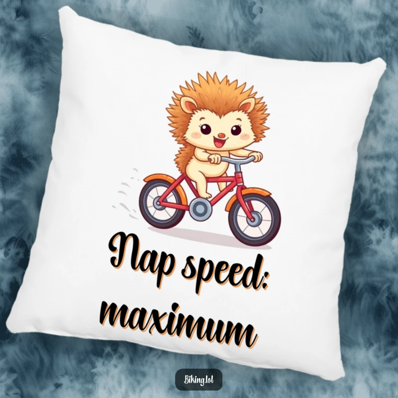 Funny pillow featuring a tiny hedgehog cycling downhill at speed, ears fluttering, a soft funny gift.