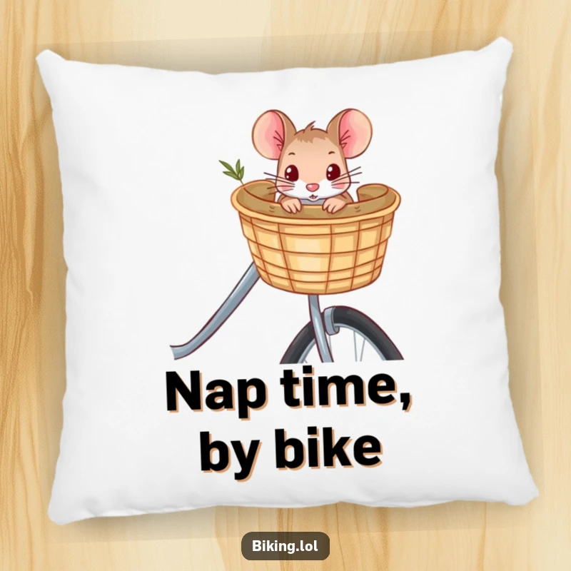 Funny curious mouse peeking from a bicycle basket, a decorative pillow design that’s both soft, funny, and delightful for cozy corners.