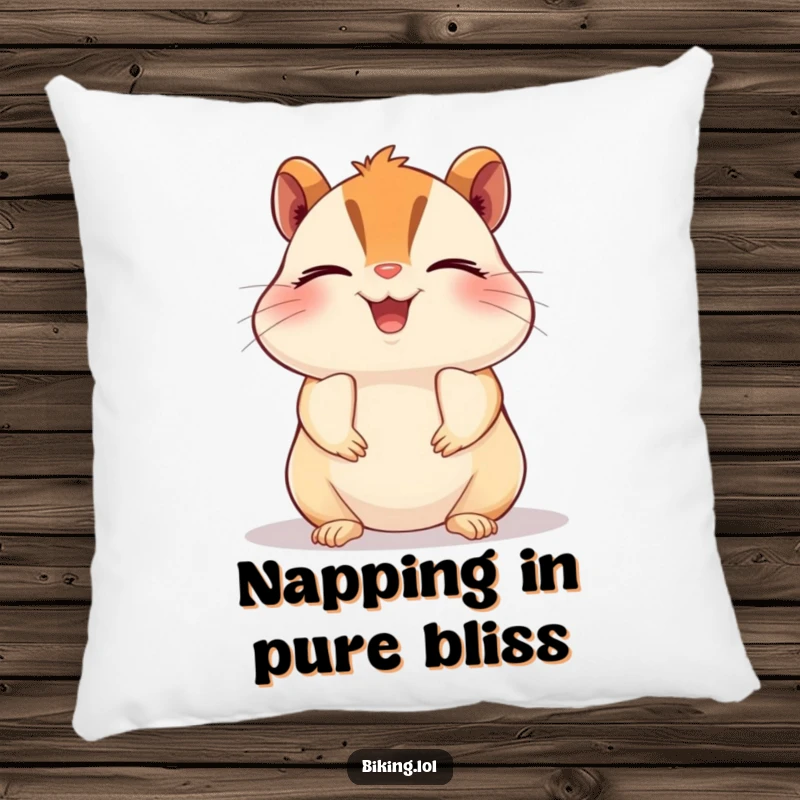 Funny chipmunk pillow, a beaming chipmunk pedaling a bike with closed eyes in pure bliss, soft, comfortable, and humorous.