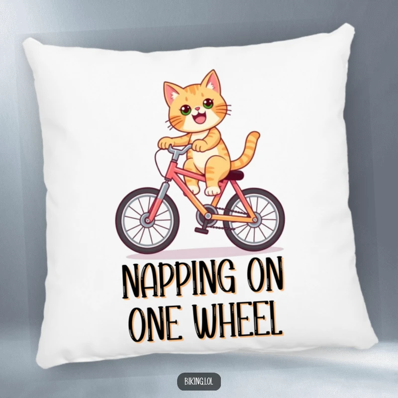 Funny cat pillow featuring a confident cat doing a wheelie on a colorful bike, a soft and stylish accent.