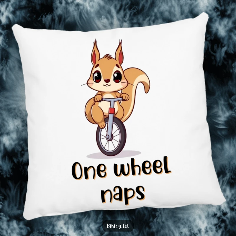 Funny squirrel pillow featuring a surprised squirrel navigating a unicycle, providing comfort and a humorous touch to any room.
