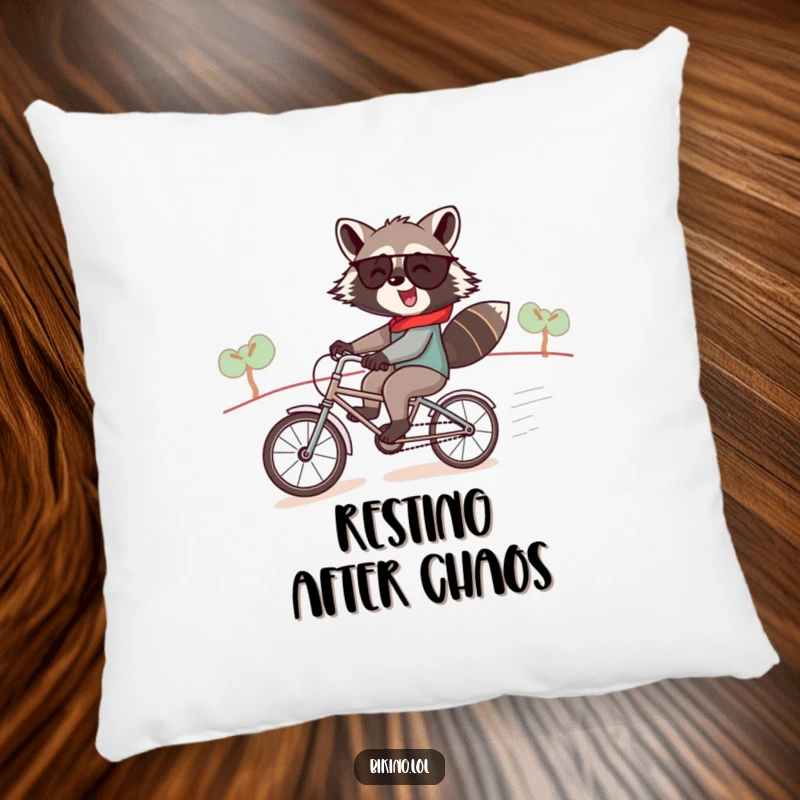 Funny raccoon pillow, a jolly raccoon pair speeding downhill on a tiny tandem bike, soft, comfortable, and humorous.