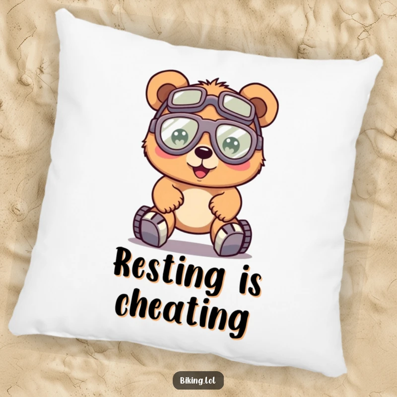Funny bear wearing goggles, pedaling a bike with effort, featured on a soft pillow, bringing comfort.