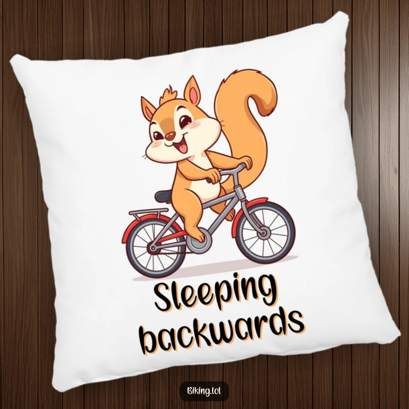 Funny pillow with a giggling squirrel riding a bicycle backwards, plush and perfect for a funny gift.