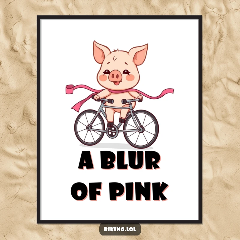 Funny pig character in a bicycle race, flushed and exhilarated, trailing a pink ribbon, as a high-resolution digital art print.