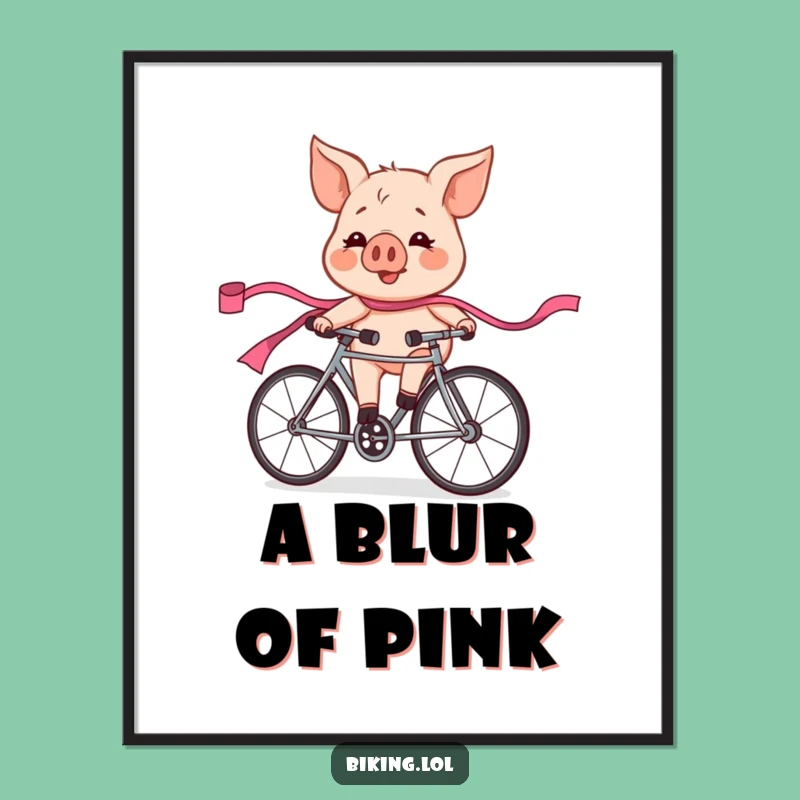 Funny Pig Race Digital Print: Exhilarated Cyclist Pink Ribbon Art