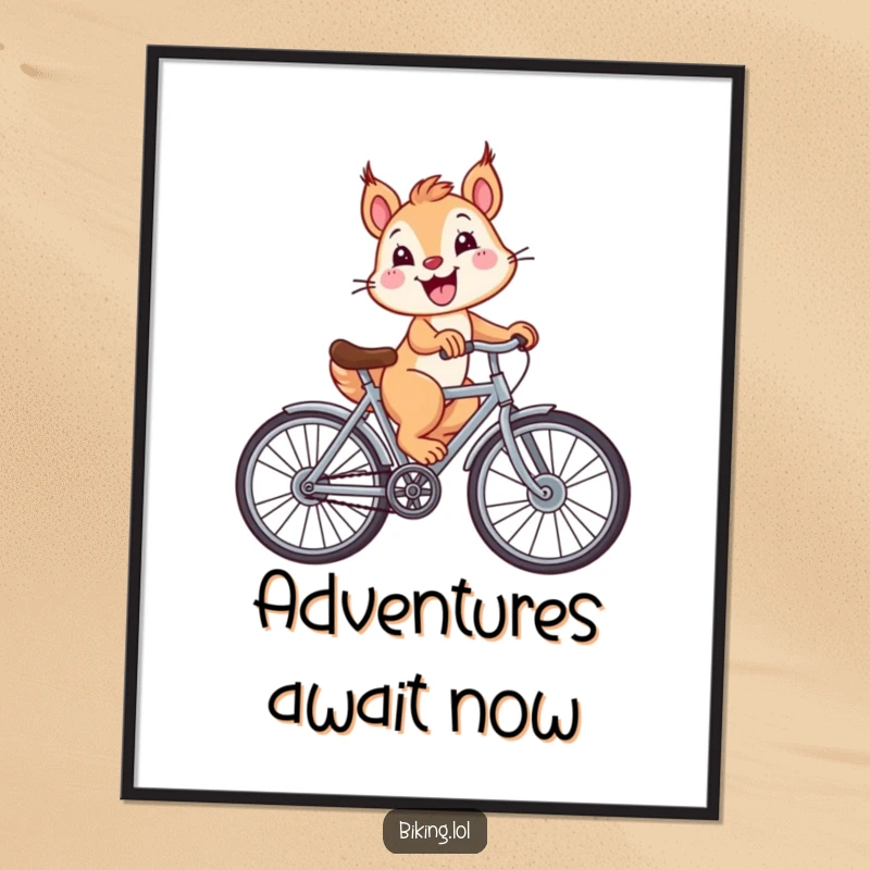 Funny squirrel riding a bicycle with oversized wheels and a big smile, a joyful digital art print for instant decor.