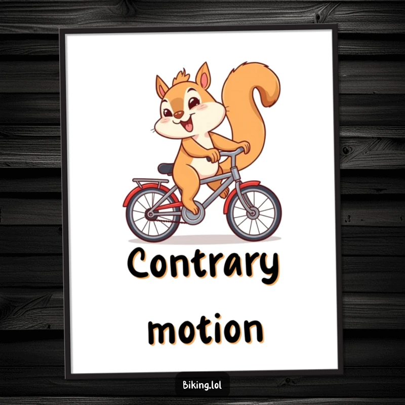 Funny digital art print of a giggling squirrel riding a bicycle backwards with a mischievous look.