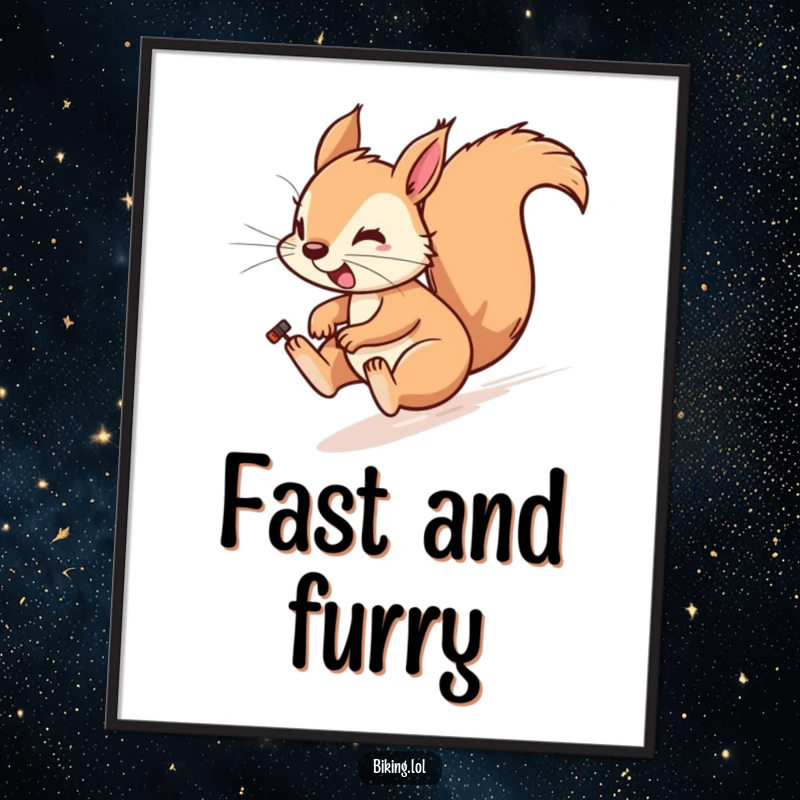 Funny digital art print of a playful squirrel cycling downhill fast, wind in fur, printable.