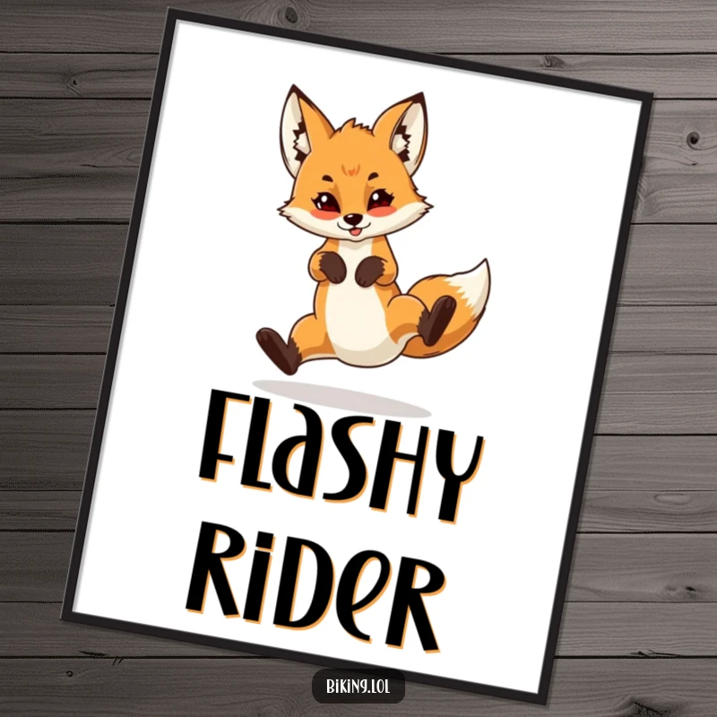 Funny digital art print of a confident fox cub performing a dynamic wheelie on a bicycle, representing daring skill and playful energy.