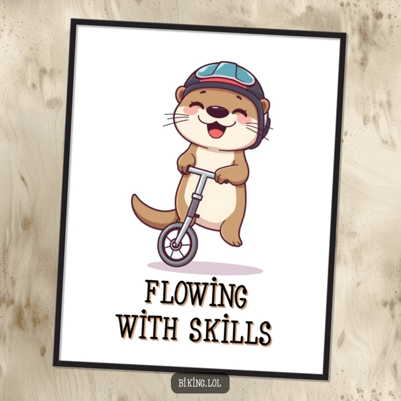 Funny otter digital art print of a happy otter in a helmet, balancing on a unicycle and juggling, vibrant and amusing.