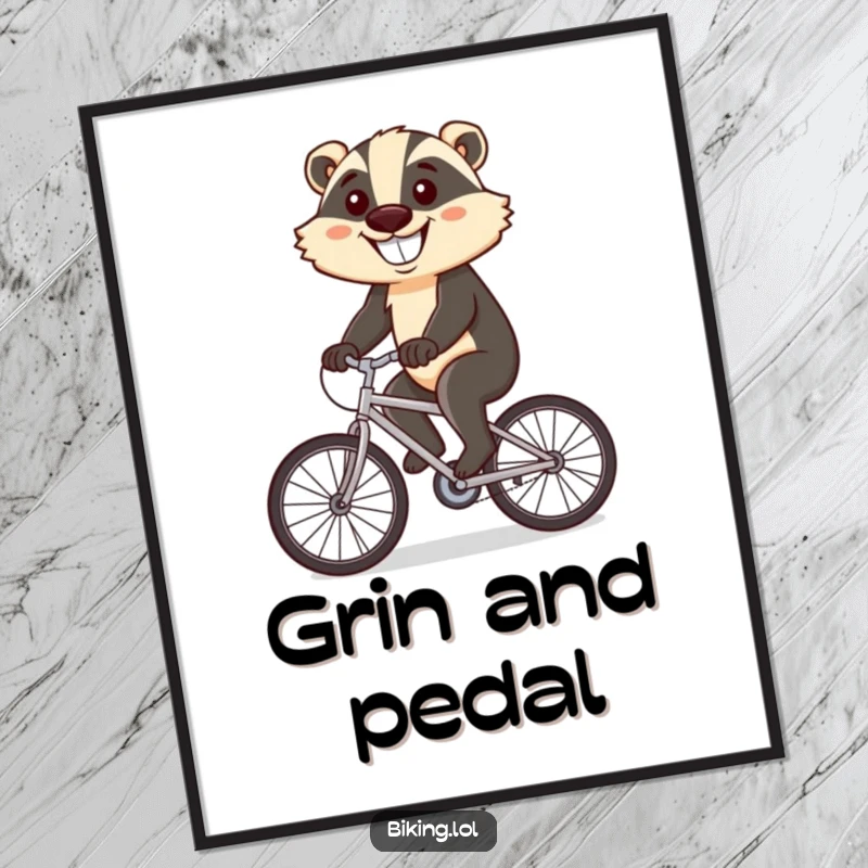 Funny digital art print of a determined badger cycling uphill, big grin, printable wall decor.