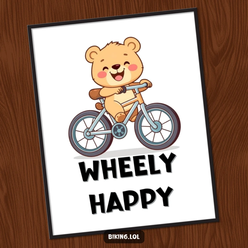 Funny digital art of a happy bear cub with a wide grin, pedaling a bicycle with oversized wheels, bringing cheer.
