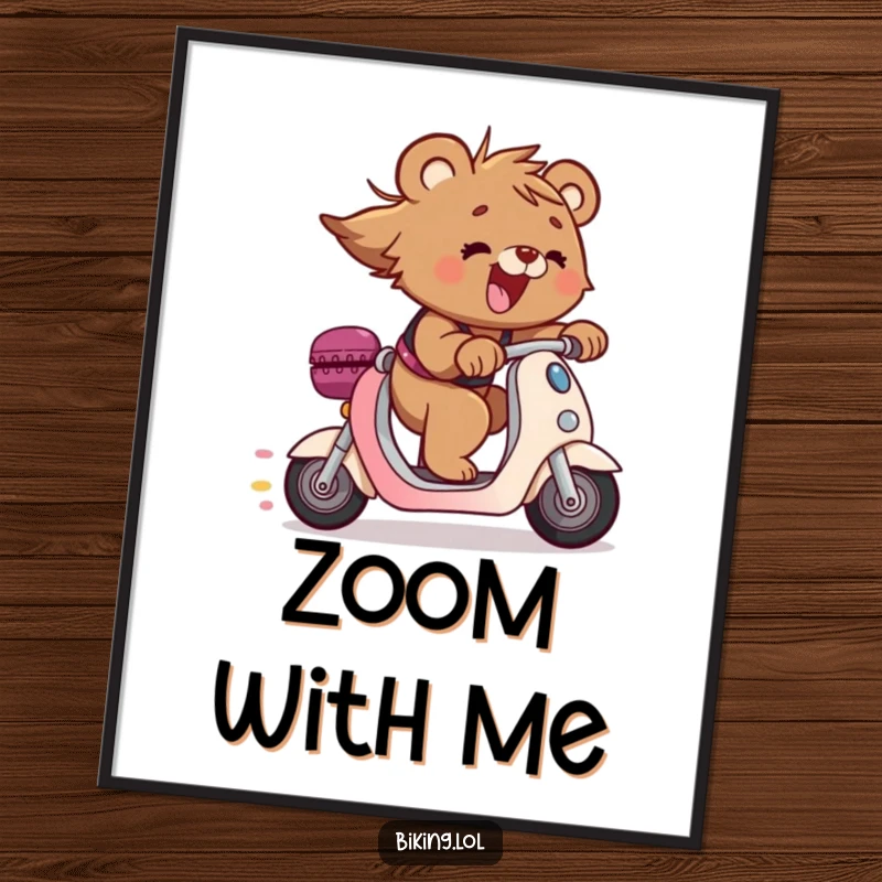 Funny bear cub art, digital download, cub zooming on a scooter downhill, hair flying, a humorous and energetic funny gift.