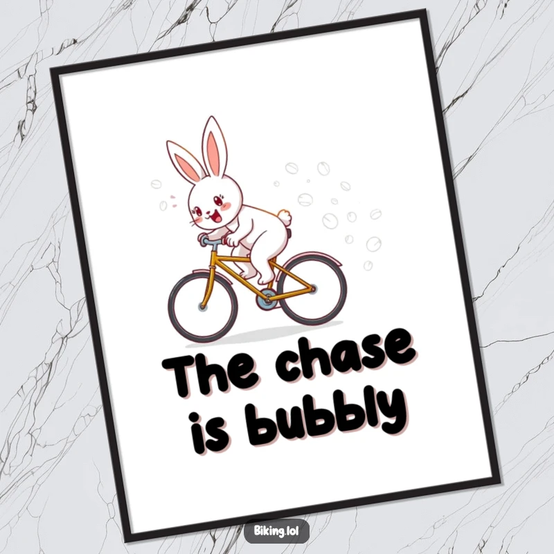 Funny digital art print of a bunny cycling, leaving a trail of bubbles, perfect for instant download and a humorous gift.
