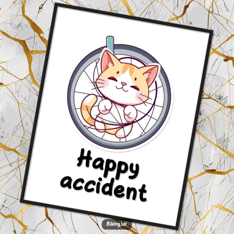 Funny digital art print of a cat tangled in bicycle spokes, looking bewildered but happy, a humorous and charming piece for any art lover.