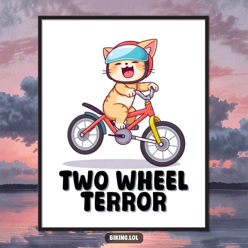 Funny cat digital art print of a giggling cat in a helmet doing a bike wheelie, offering instant humorous wall decor.