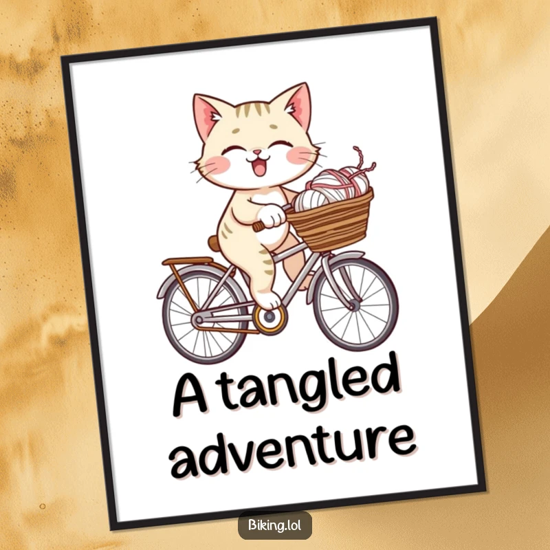 Funny giggling cat riding a bicycle with a basket full of yarn, a whimsical digital art print for instant charm.