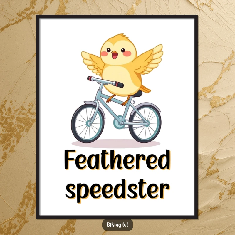 Funny chickadee bird joyfully riding a miniature bicycle with wings outstretched, downloadable cheerful art.