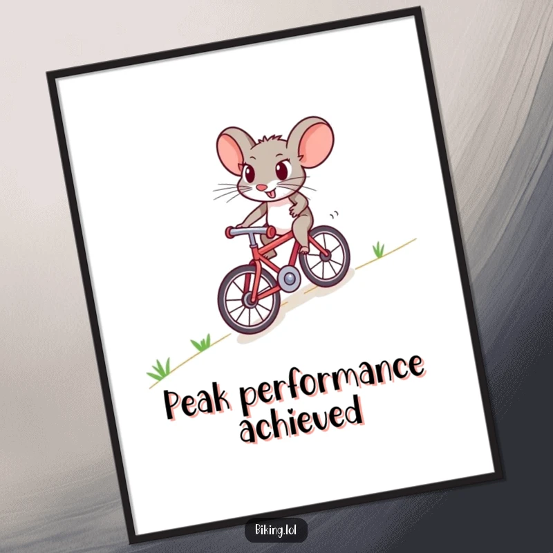 Funny mouse bicycle digital art print of a brave character pedaling uphill, offering humor and inspiration.